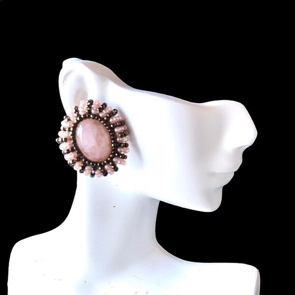 Vtg natural rose Quartz cab with pink and ab green glass beads round pierced - Picture 1 of 12